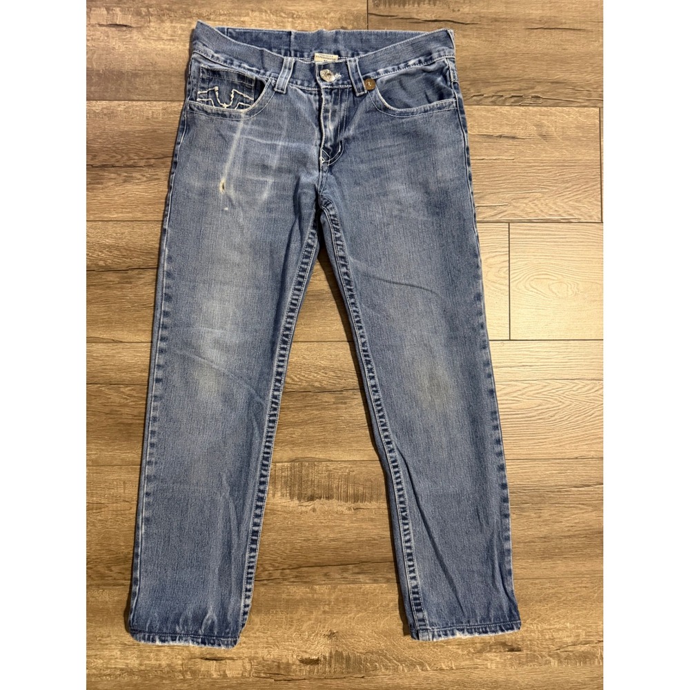 True Religion Mens Jeans Y2K USA World Tour Skull Patch Distressed Size 30 xโ 27